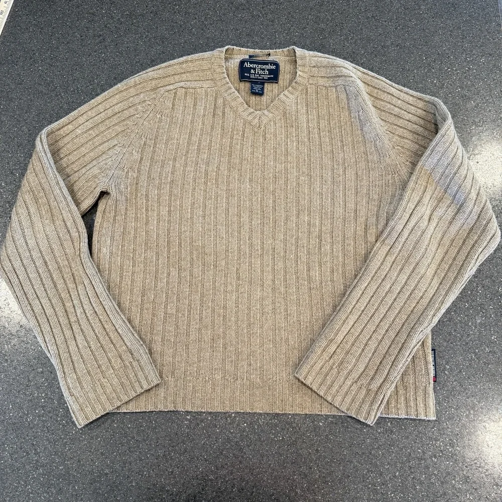 Vintage Abercrombie And Fitch Men's Vneck Tan Ribbed Wool Blend Sweater Preppy‎